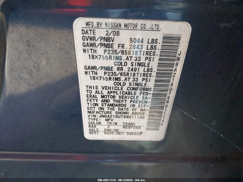 2009 Nissan Murano S VIN: JN8AZ18U79W011146 Lot: 42511318