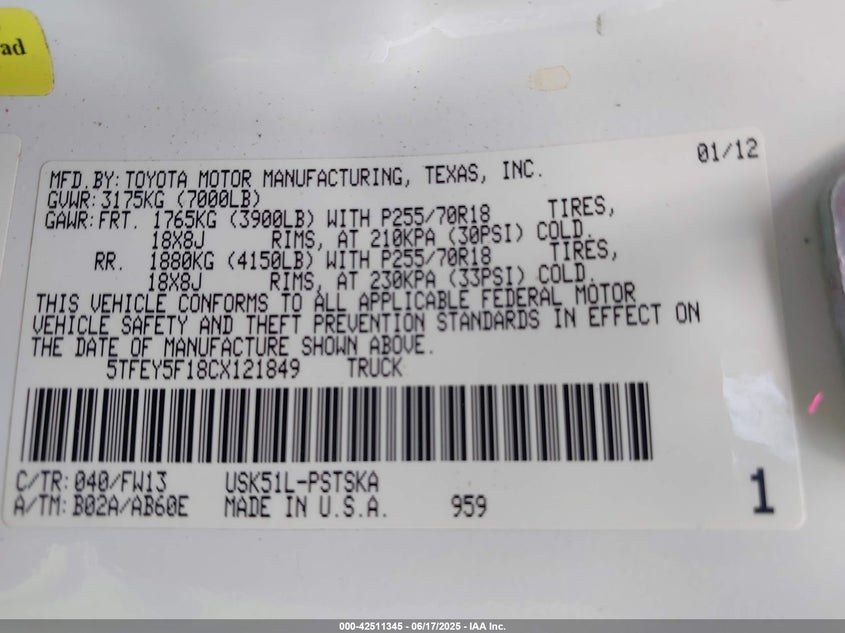 2012 TOYOTA TUNDRA VIN: 5TFEY5F18CX121849