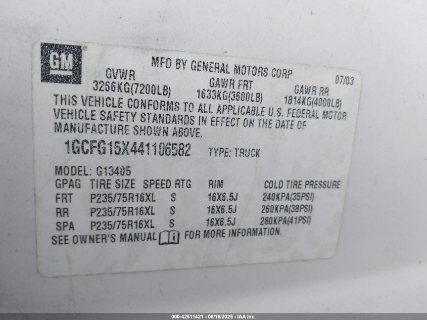 2004 Chevrolet Express VIN: 1GCFG15X441106582 Lot: 42511421