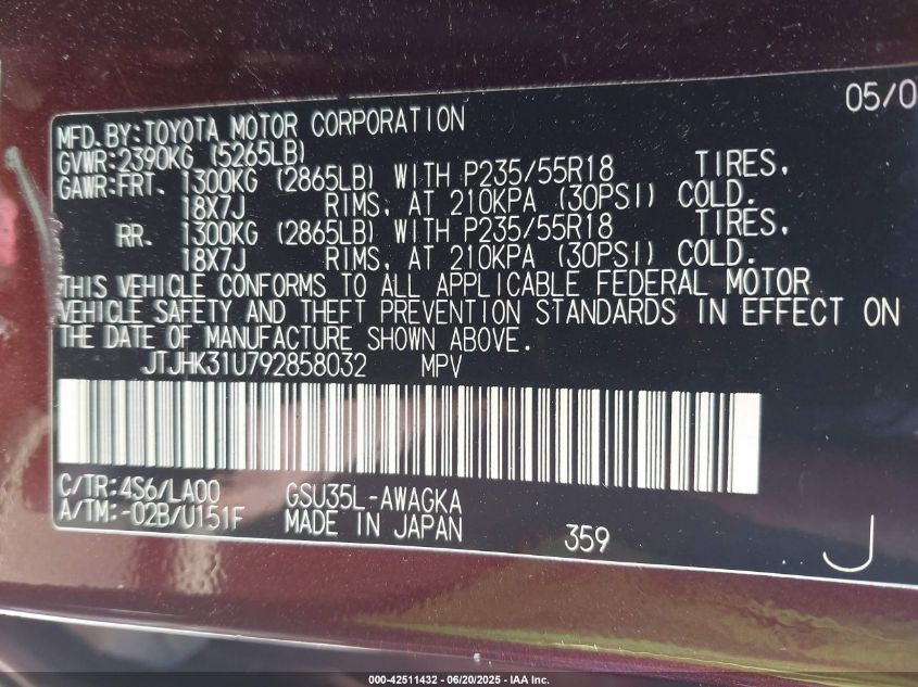 2009 Lexus Rx 350 VIN: JTJHK31U792858032 Lot: 42511432