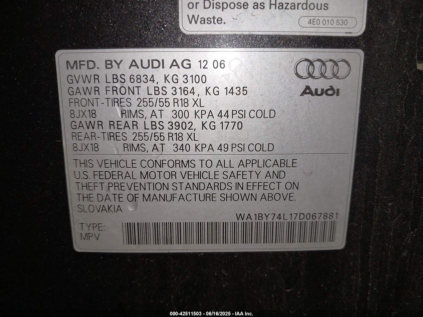 2007 AUDI Q7 VIN: WA1BY74L17D067881