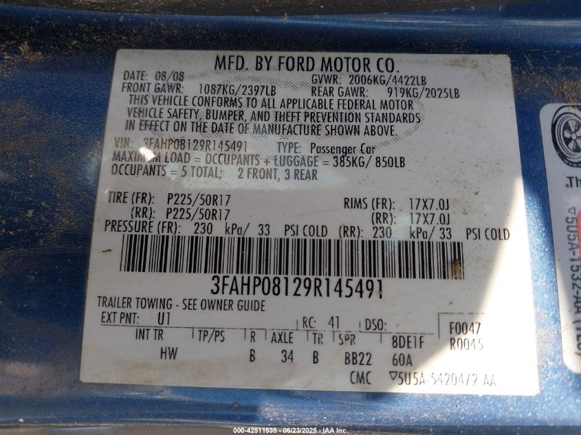 2009 Ford Fusion Sel VIN: 3FAHP08129R145491 Lot: 42511535