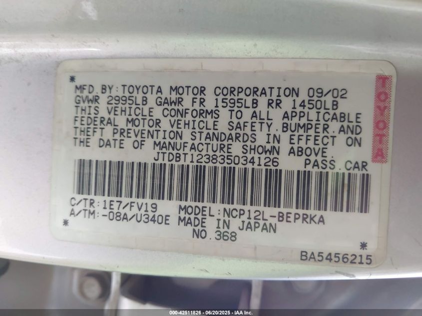 2003 Toyota Echo VIN: JTDBT123835034126 Lot: 42511826