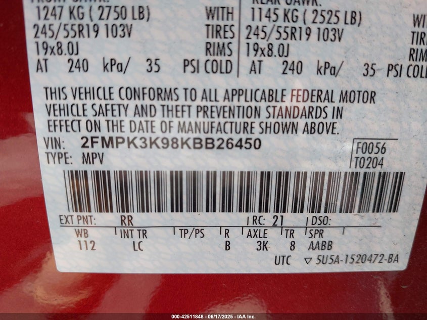 VIN 2FMPK3K98KBB26450 2019 FORD EDGE TITANIUM
