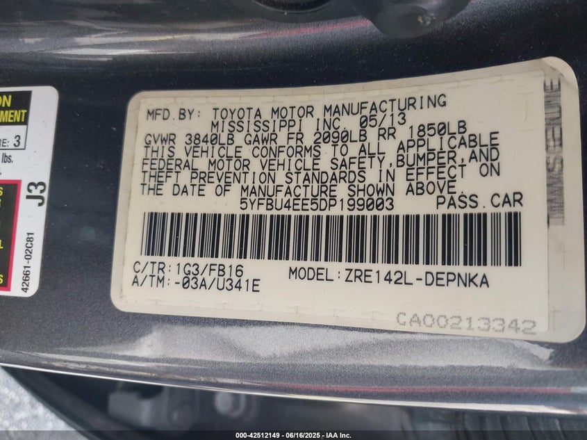 2013 TOYOTA COROLLA VIN: 5YFBU4EE5DP199003
