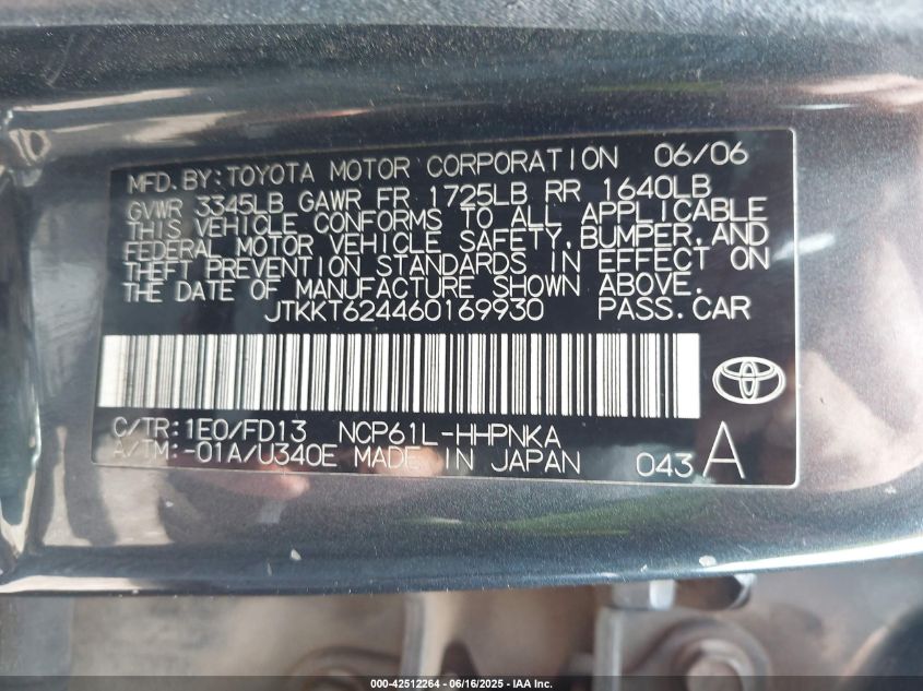 2006 Scion Xa VIN: JTKKT624460169930 Lot: 42512264