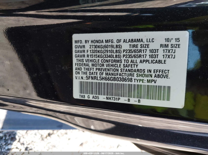 2016 Honda Odyssey Ex-L VIN: 5FNRL5H66GB030698 Lot: 42512326