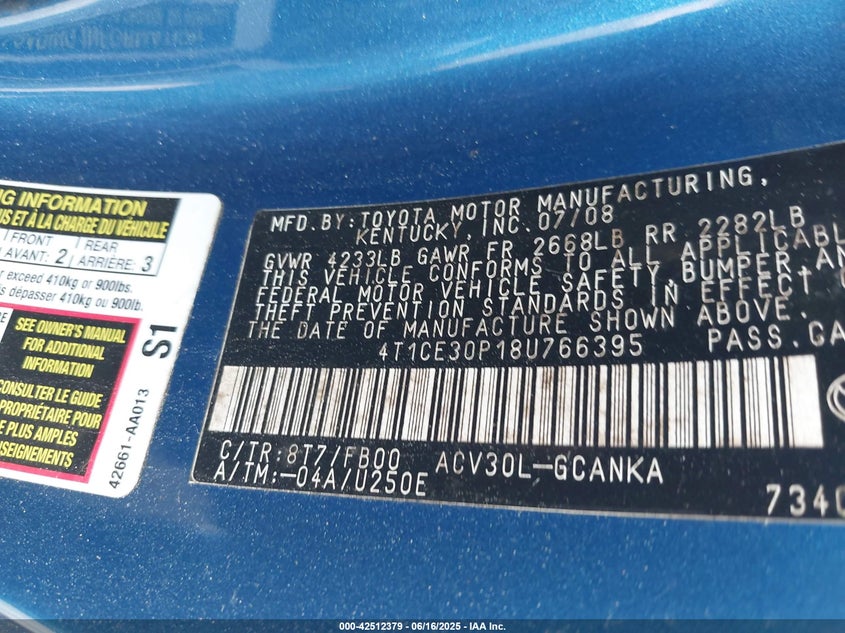 2008 TOYOTA CAMRY SOLARA VIN: 4T1CE30P18U766395