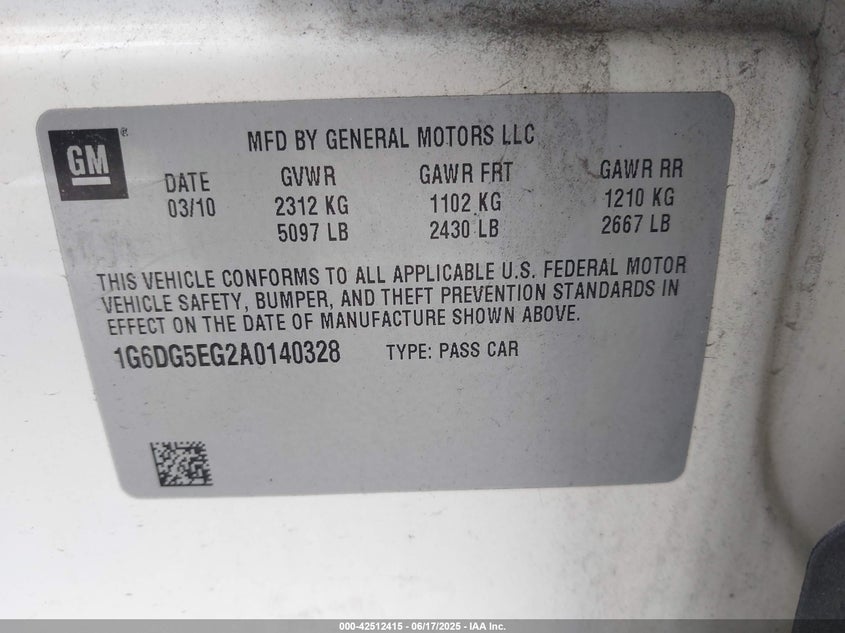 2010 CADILLAC CTS VIN: 1G6DG5EG2A0140328