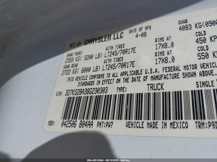 2008 DODGE RAM 2500 VIN: 3D7KS28A38G230303