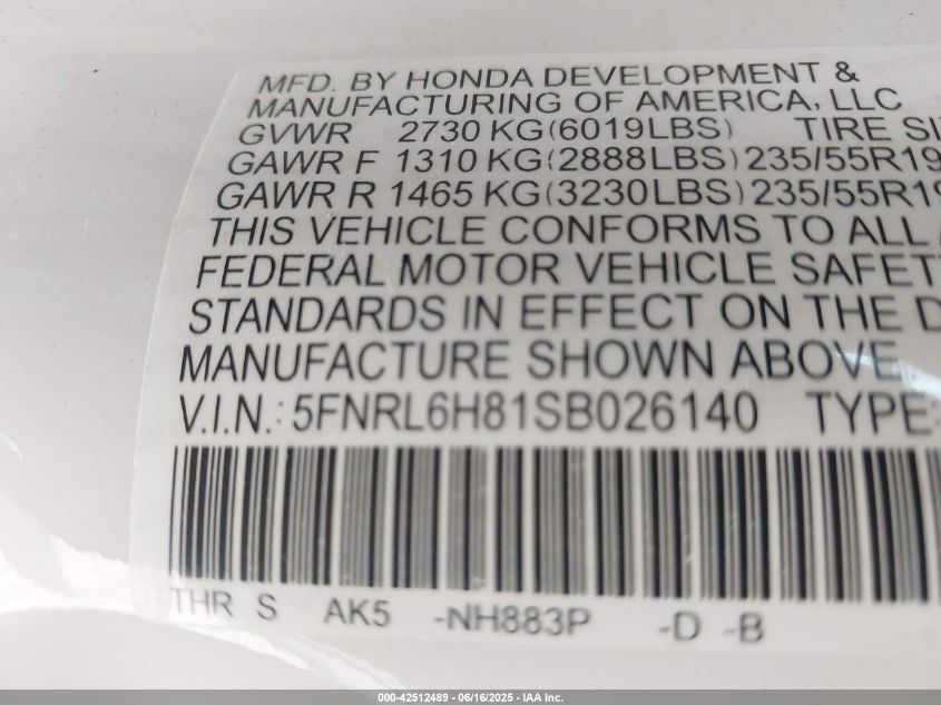 2025 Honda Odyssey - 5FNRL6H81SB026140