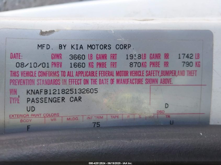 2002 Kia Spectra Ls VIN: KNAFB121825132605 Lot: 42512524