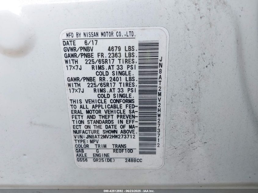 2017 Nissan Rogue Sv VIN: JN8AT2MV2HW273712 Lot: 42512592