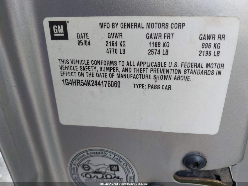 2004 Buick Lesabre Limited VIN: 1G4HR54K244176060 Lot: 42512784