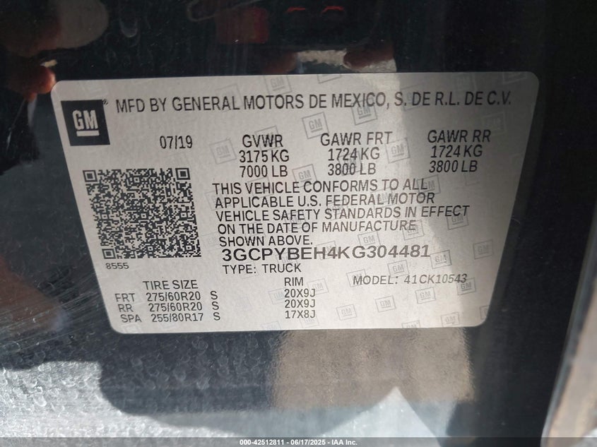 2019 CHEVROLET SILVERADO VIN: 3GCPYBEH4KG304481