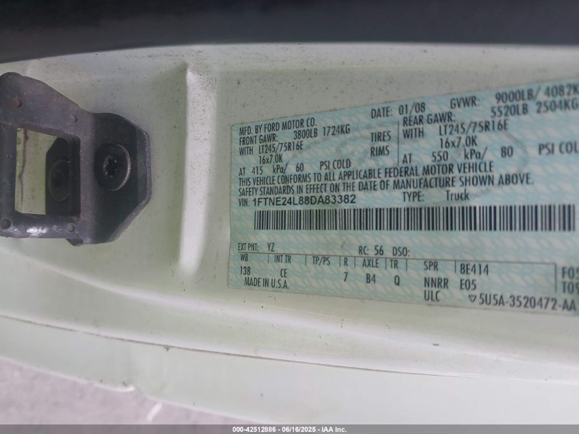 2008 Ford E-250 Commercial/Recreational VIN: 1FTNE24L88DA83382 Lot: 42512886
