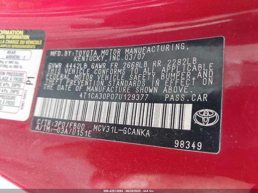 2007 TOYOTA CAMRY SOLARA VIN: 4T1CA30P07U129377