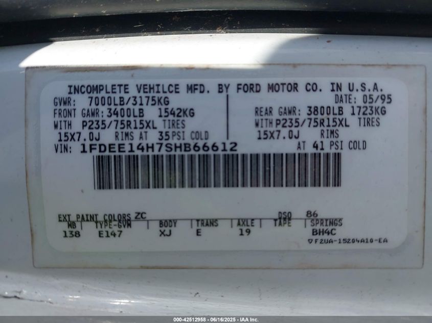 1995 Ford Econoline E150 Van VIN: 1FDEE14H7SHB66612 Lot: 42512958