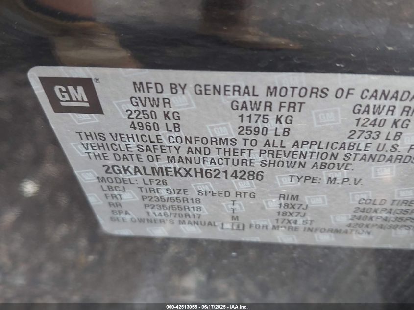2017 GMC Terrain Sle-1 VIN: 2GKALMEKXH6214286 Lot: 42513055