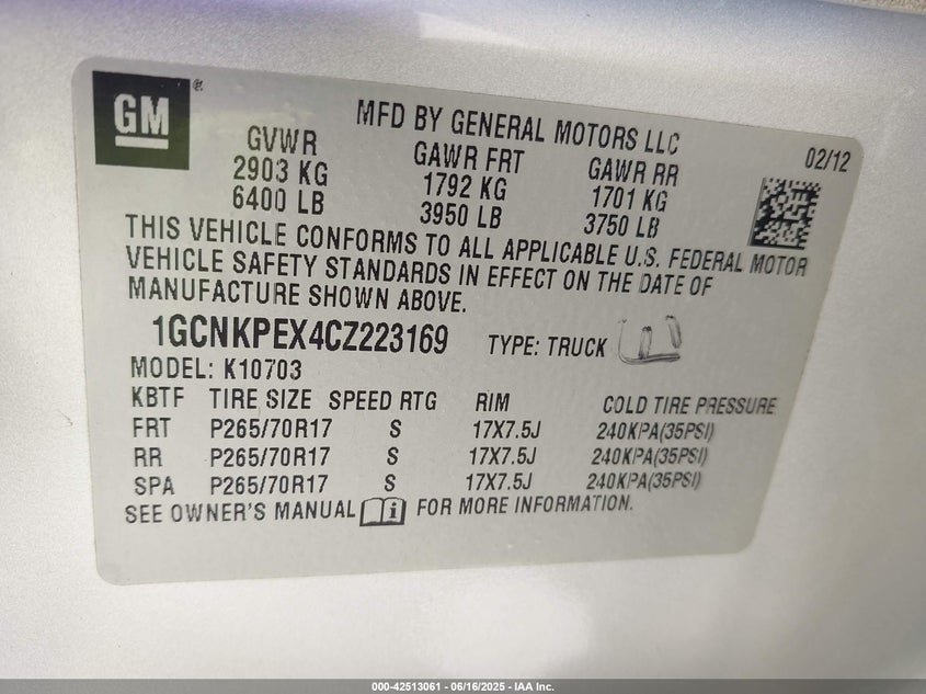 2012 CHEVROLET SILVERADO 1500 VIN: 1GCNKPEX4CZ223169