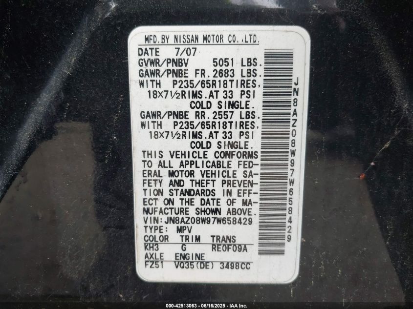 2007 Nissan Murano Sl/Se/S VIN: JN8AZ08W97W658429 Lot: 42513063