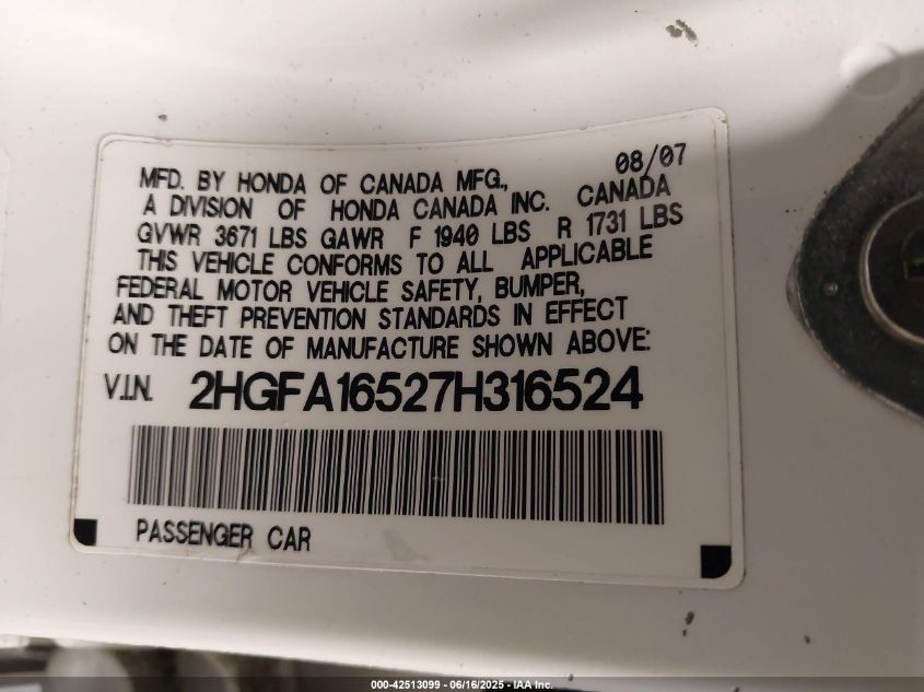 2007 Honda Civic Lx VIN: 2HGFA16527H316524 Lot: 42513099