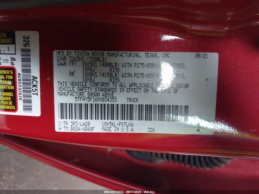 2021 TOYOTA TUNDRA VIN: 5TFHY5F16MX034353