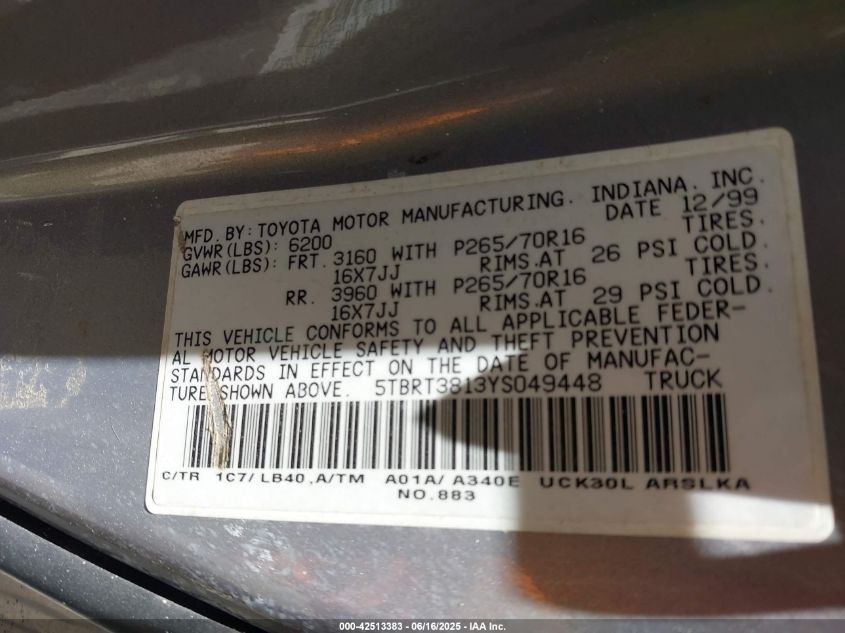 2000 Toyota Tundra Access Cab Limited VIN: 5TBRT3813YS049448 Lot: 42513383