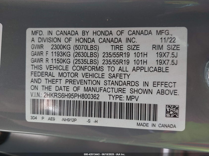 2023 HONDA CR-V HYBRID VIN: 2HKRS6H95PH800362