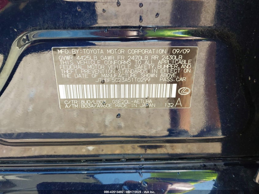 2010 LEXUS IS VIN: JTHBF5C23A5110299