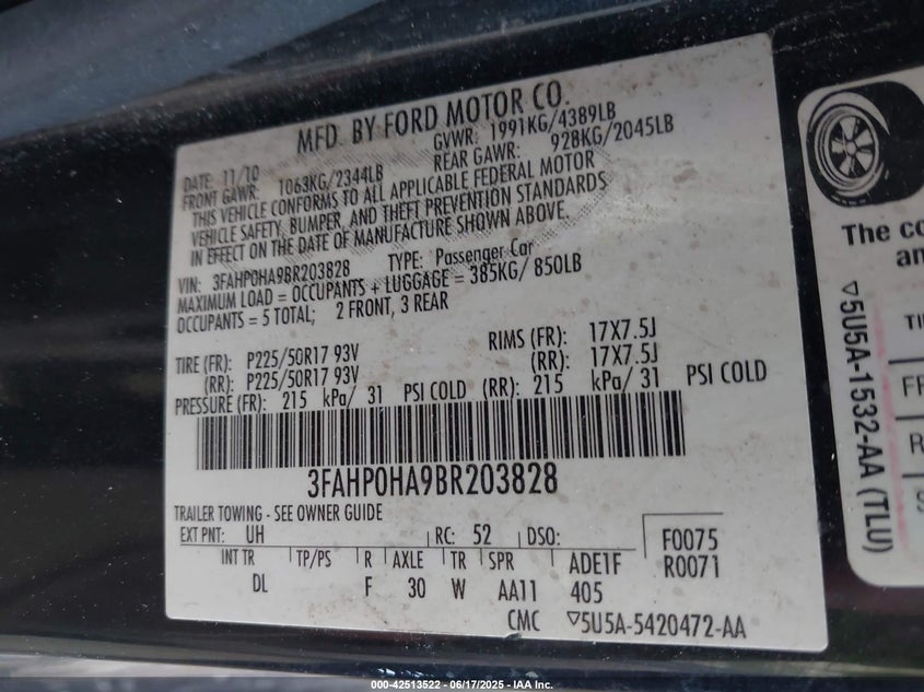 2011 FORD FUSION VIN: 3FAHP0HA9BR203828