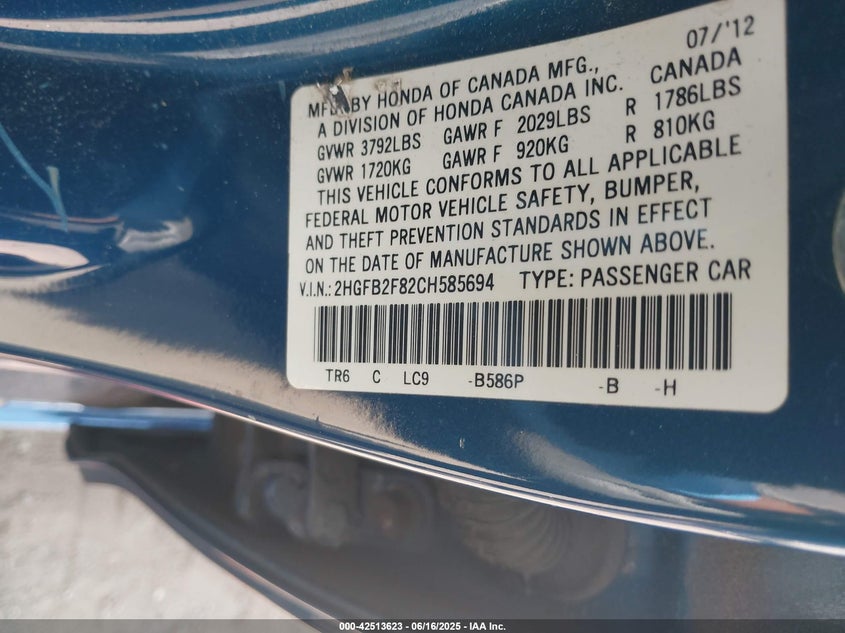 2012 HONDA CIVIC VIN: 2HGFB2F82CH585694