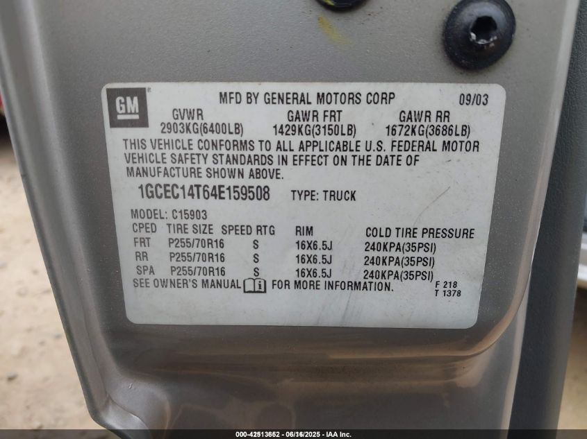 2004 Chevrolet Silverado 1500 Work Truck VIN: 1GCEC14T64E159508 Lot: 42513652