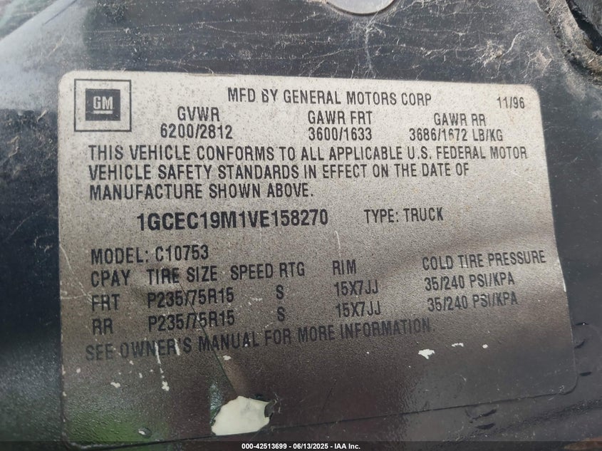 1997 Chevrolet C1500 Fleetside VIN: 1GCEC19M1VE158270 Lot: 42513699