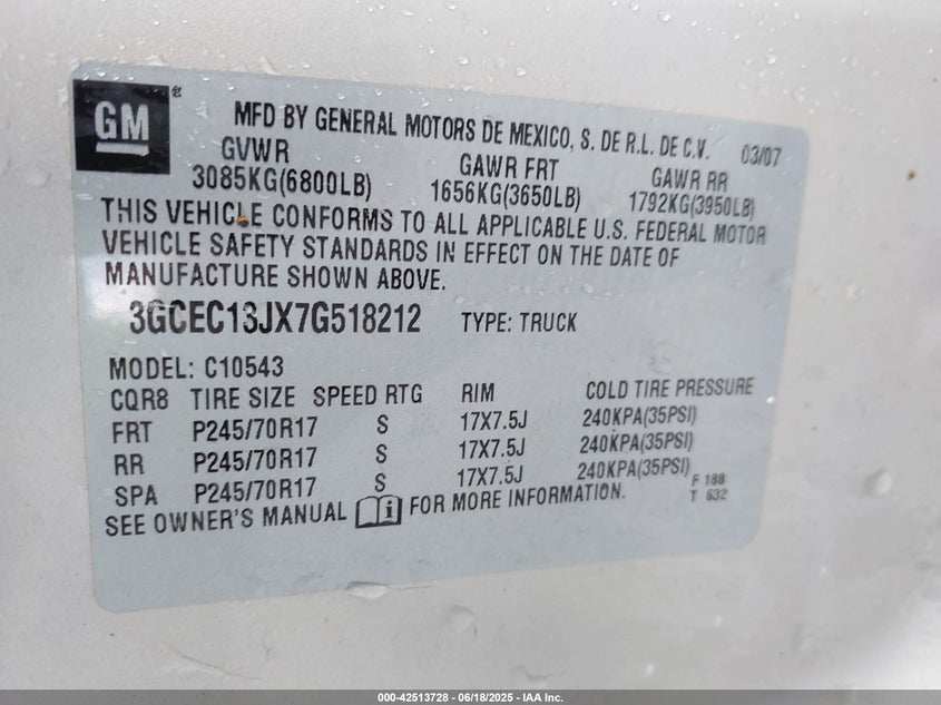 2007 CHEVROLET SILVERADO 1500 VIN: 3GCEC13JX7G518212