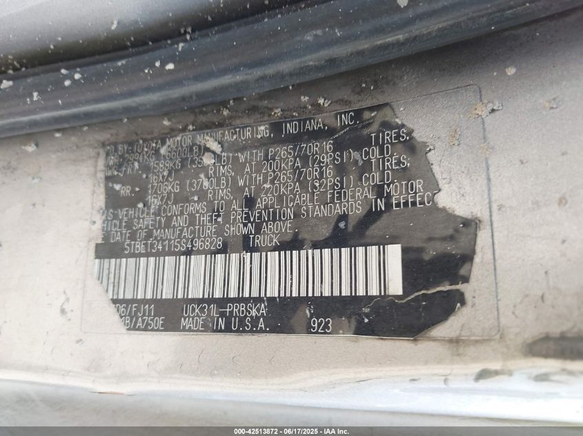 2005 Toyota Tundra Sr5 V8 VIN: 5TBET34115S496828 Lot: 42513872