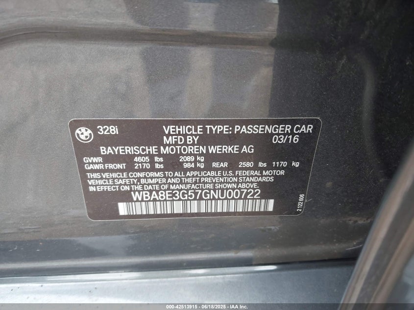 2016 BMW 328I VIN: WBA8E3G57GNU00722