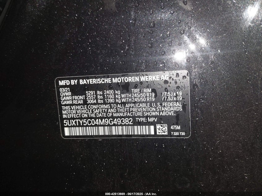 2021 BMW X3(VIN: 5UXTY5C04M9G49382