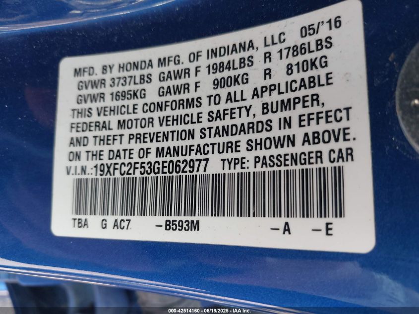 2016 Honda Civic Lx VIN: 19XFC2F53GE062977 Lot: 42514160