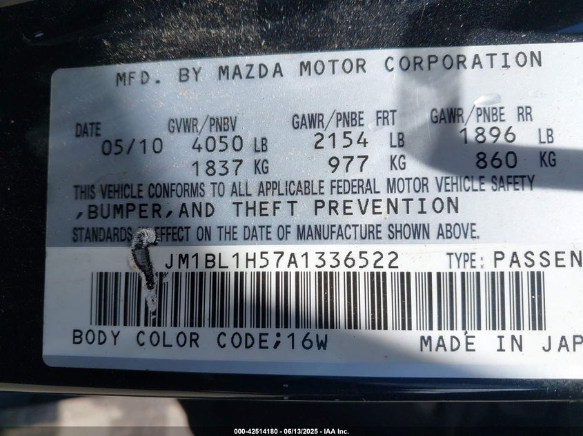 2010 MAZDA MAZDA3 VIN: JM1BL1H57A1336522