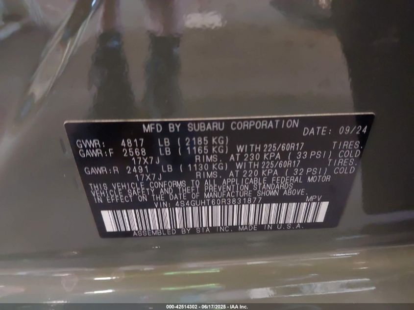 2024 Subaru Crosstrek Wilderness VIN: 4S4GUHT60R3831877 Lot: 42514302