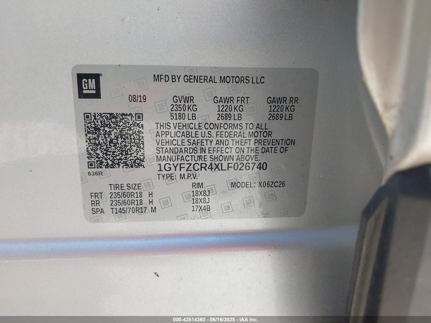 2020 CADILLAC XT4 VIN: 1GYFZCR4XLF026740