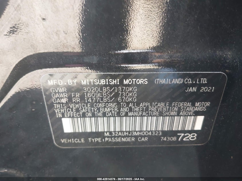 2021 MITSUBISHI MIRAGE VIN: ML32AUHJ3MH004323