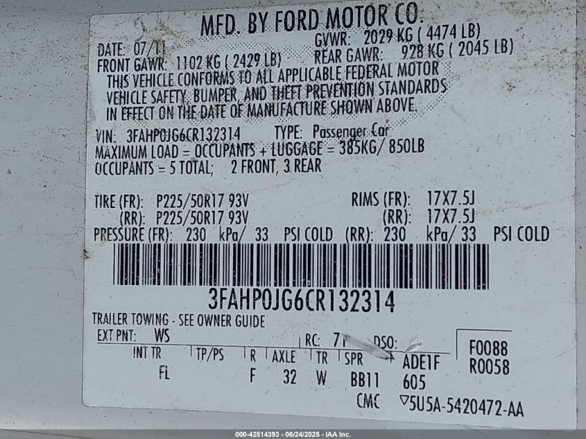 2012 Ford Fusion Sel VIN: 3FAHP0JG6CR132314 Lot: 42514393