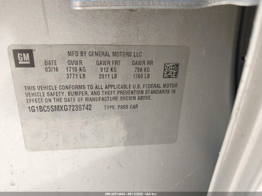 2016 Chevrolet Cruze Ls Auto VIN: 1G1BC5SMXG7239742 Lot: 42514544