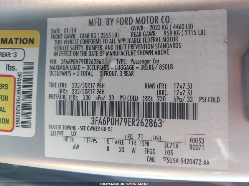 2014 Ford Fusion Se VIN: 3FA6P0H79ER262863 Lot: 42514560