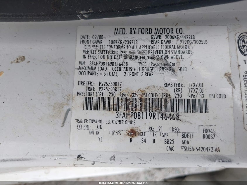2009 FORD FUSION VIN: 3FAHP08119R146468