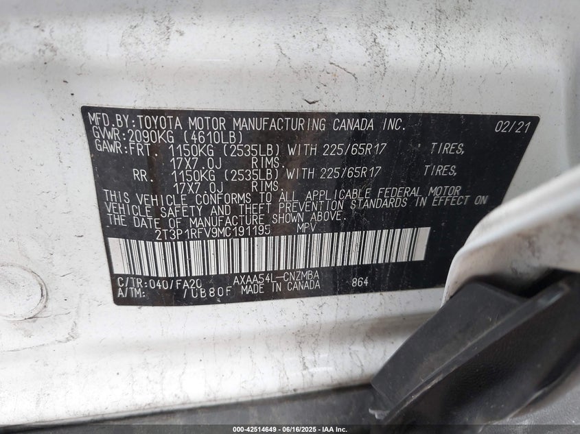 2021 TOYOTA RAV4 VIN: 2T3P1RFV9MC191195