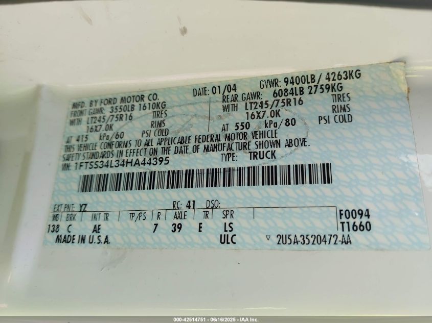 2004 Ford E-350 Super Duty Commercial/Recreational VIN: 1FTSS34L34HA44395 Lot: 42514751