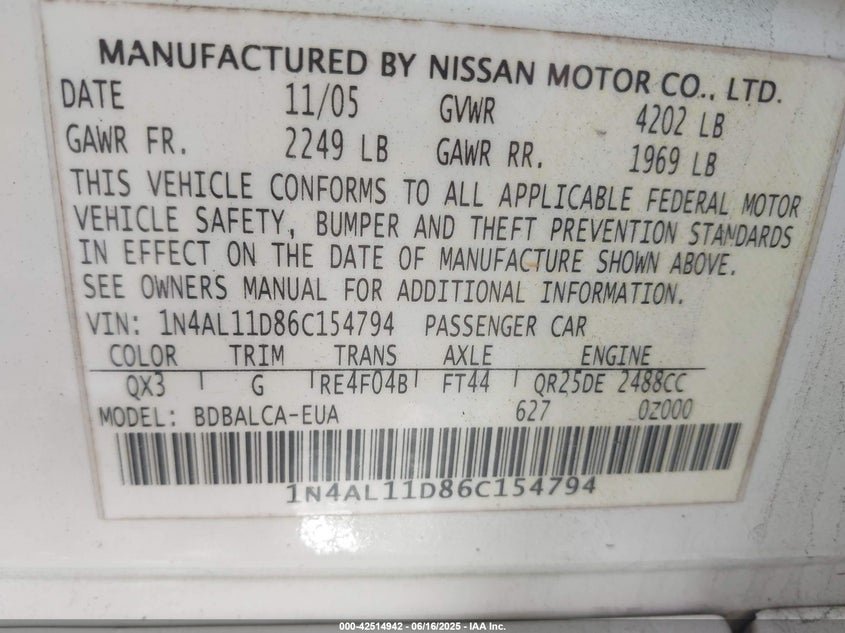 2006 NISSAN ALTIMA VIN: 1N4AL11D86C154794